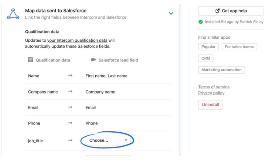Intercom Salesforce Integration: Map data